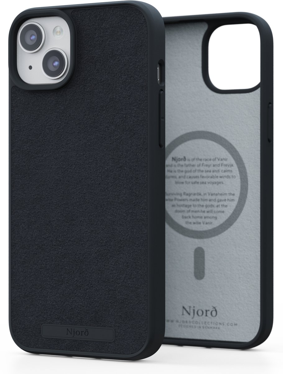 Njord Collections Suede Comfort+ Telefoonhoesje - Geschikt voor iPhone 15 Plus - Gereycled / Duurzaam materiaal - 2M valbescherming - Mag compatibel – Zwart
