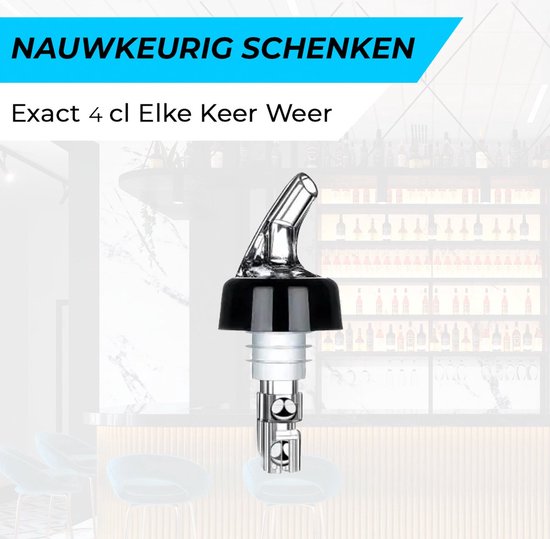 Zwarte schenkdop met een glazen tuit, voor precieze schenking van 4 cl.