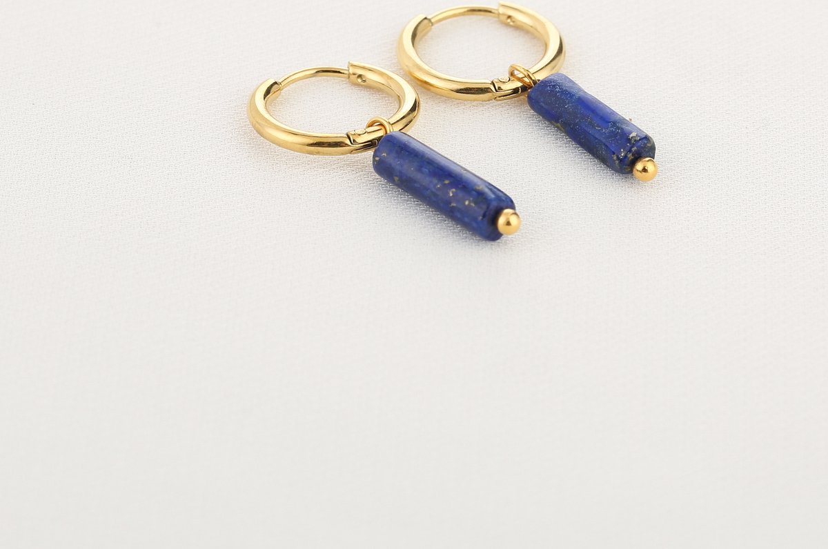 Michelle Bijou, oorbellen, blauwe hanger, stainless steel