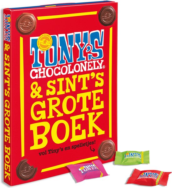 Tony's Chocolonely Chocolade Sinterklaas Boek - Sinterklaas Cadeau - Gevuld met Tiny Tony's Bordspel & Spelletjes - Schoencadeautje - Sint Kado voor Jongens en Meisjes - 135 Gram