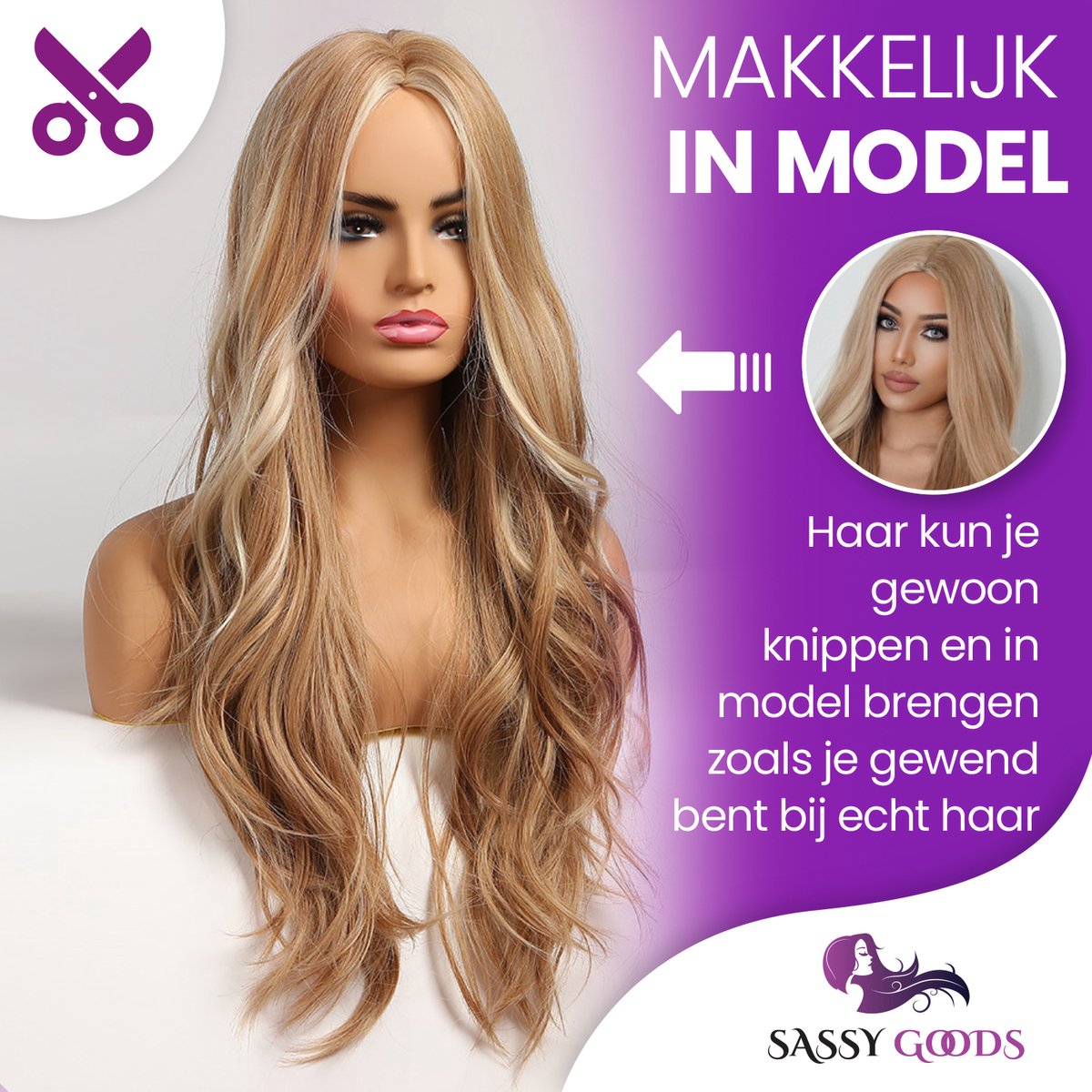 SassyGoods Blonde Pruik met Highlights- Pruiken Dames Lang Haar - Haarwerk - Haren Vrouwen - Verstelbaar - Wasbaar - Blond - 70 cm — afbeelding 3