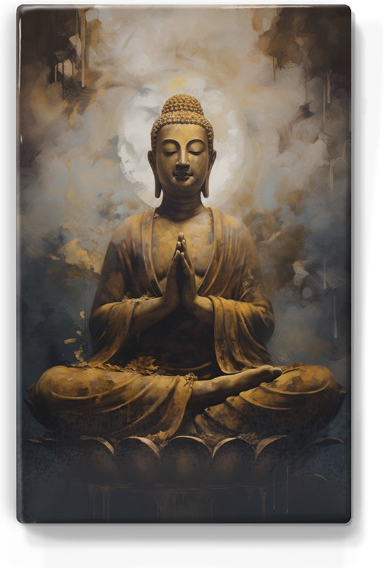 Boeddha met gevouwen handen - Laqueprint - 19,5 x 30 cm - Niet van echt te onderscheiden handgelakt schilderijtje op hout - Mooier dan een print op canvas. - LP504