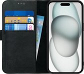 Rosso Deluxe Echt Leer Book Case Hoesje Geschikt voor Apple iPhone 15 | Ruimte voor drie pasjes | Portemonnee Book Case | Met Pasjeshouder | Zwart