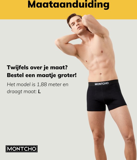 Man van 1,88m draagt zwarte Montcho boxershorts.