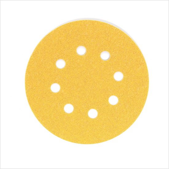 Ronde gele schuurzool met zeven gaten voor stofafzuiging.