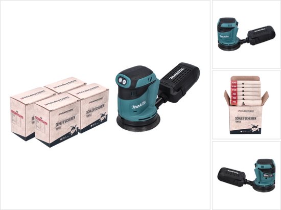 Montage van Makita excenterschuurmachine met stofopvangbak en dozen Toolbrothers schuurschijven.