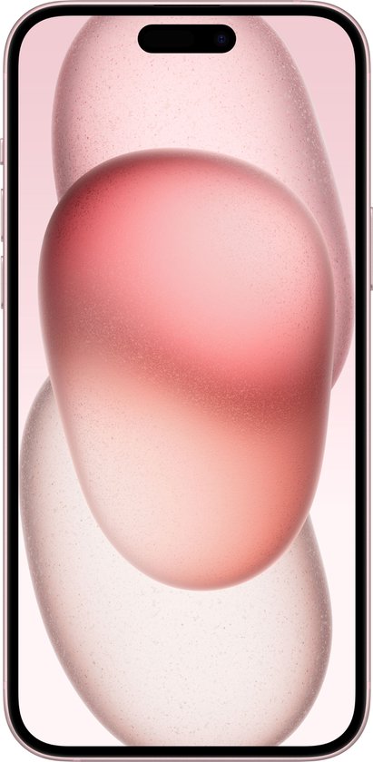 Voorkant van een roze iPhone met een notchtui met roze bubbels als achtergrond.