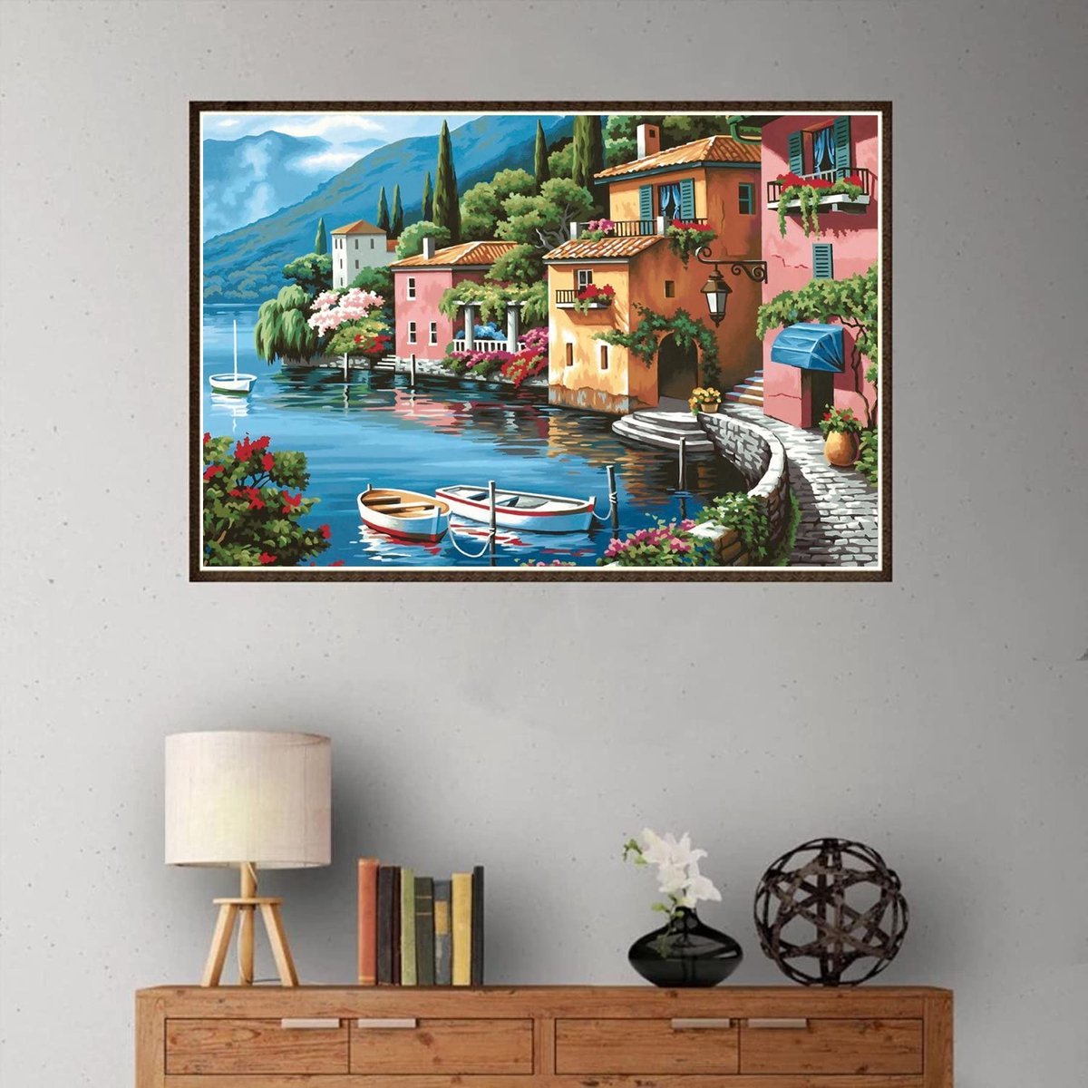 Diamond Painting Volwassenen - Volledig Pakket - 30 x 40cm - Ronde Steentjes - Diamant Painting - Italiaans Dorp aan het Water — afbeelding 5