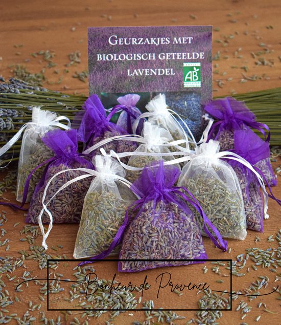 Bonheur de Provence - Geurzakjes lavendel - biologische lavendel uit de Provence - 10 organza zakjes paars/wit - 6 gram per zakje