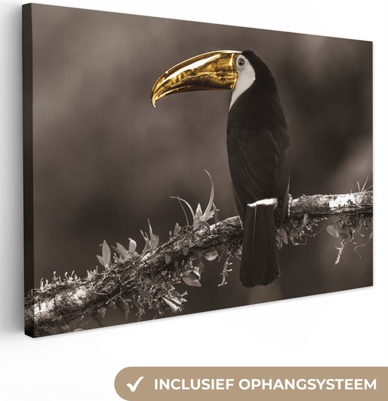 Canvas Schilderij Vogel - Toekan - Goud - Zwart - 30x20 cm - Wanddecoratie