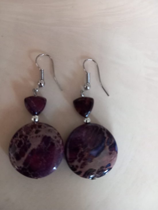 Boucles d'oreilles pierres précieuses-argent boucles d'oreilles jaspe violet rond 3 cm de long crochets en argent sterling 925