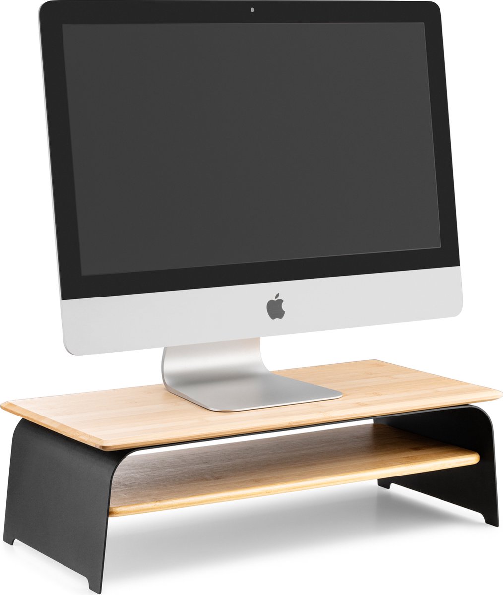 Kos Design - Monitorstandaard - Zwart - Staal en Bamboe - kantoor accessoire - beeldscherm verhoging - ergonomisch -