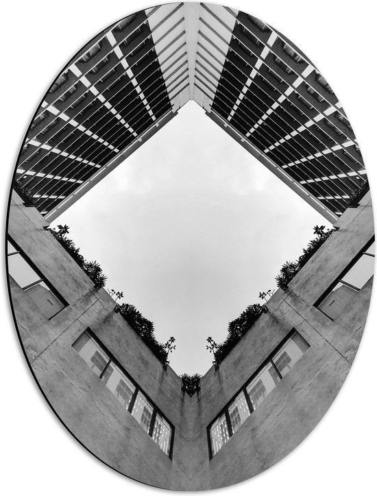 Dibond Ovaal - Onderaanzicht van Binnentuin in Flat (Zwart- wit) - 42x56 cm Foto op Ovaal (Met Ophangsysteem)