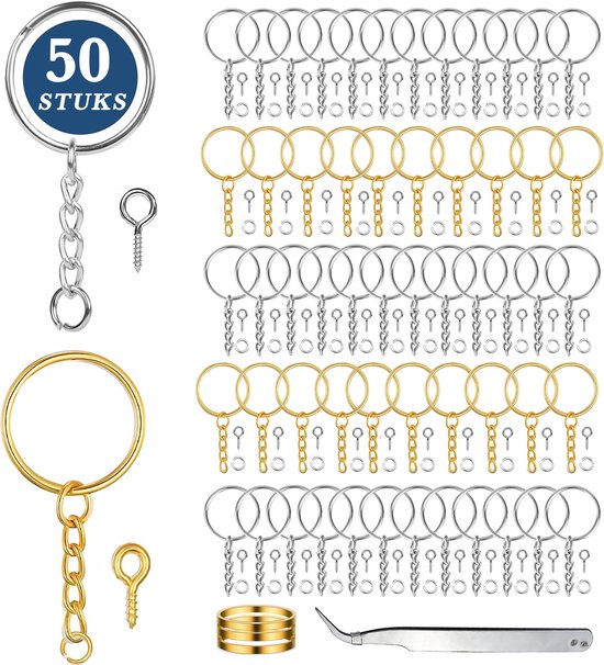 50 Stuks Sleutelringen met Ketting, Sleutellabels, Buigringen en Schroefoogjes - 200-Delig Compleet Sleutelhangers Ringen Maken Set - Zilver 25 mm Keyring Sleutel Rings en labels