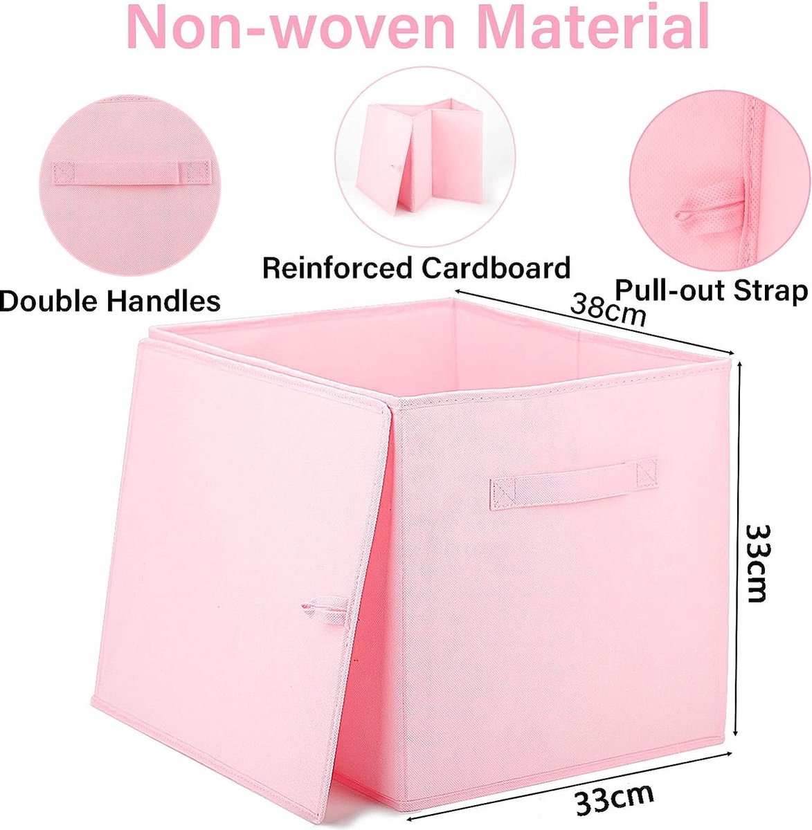 PRANDOM opvouwbare opbergdoos met deksel [3 stuks] stoffen decoratieve opbergbak kubus organizer container mand met deksel handgrepen voor slaapkamer kast woonkamer roze 38x25x25cm