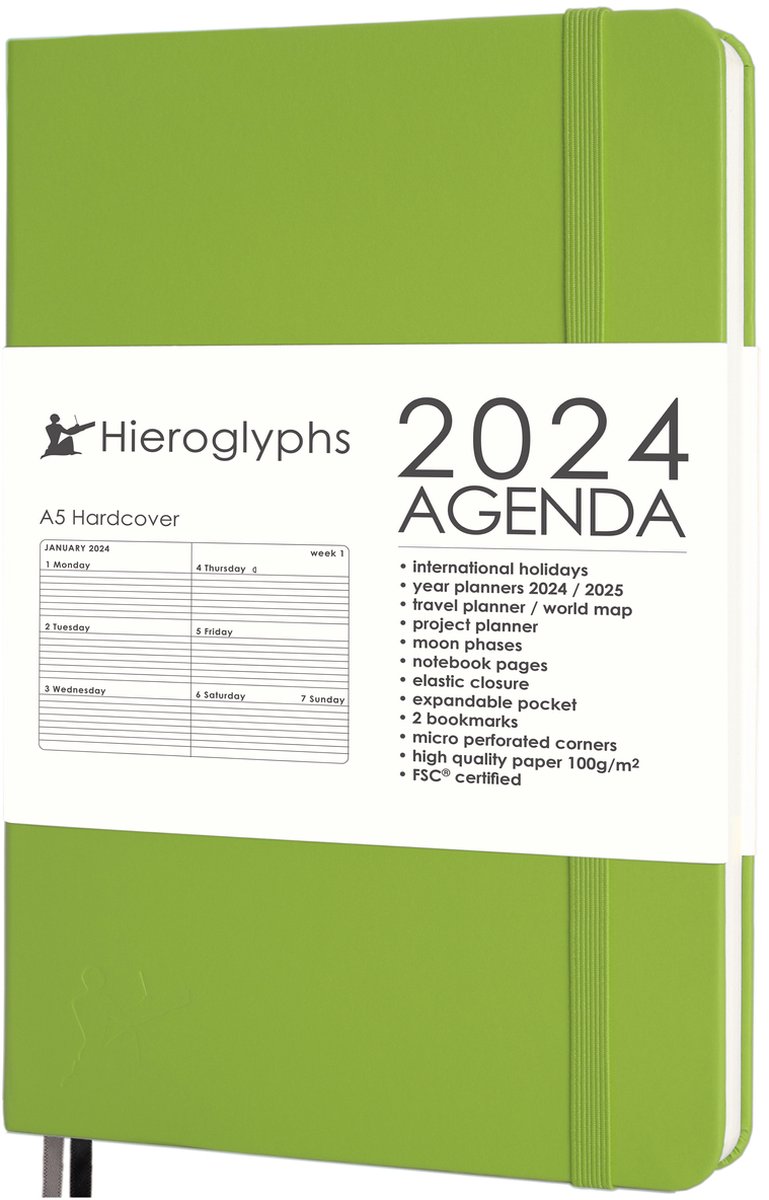 Hieroglyphs Agenda 2024 A5 - 1 Week per 2 pagina's - Harde kaft - Sluitelastiek - Opbergvak - 2 Bladwijzers - Weekagenda - Groen - Lichtgroen