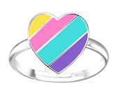 Joy|S - Zilveren hartje ring - verstelbaar - regenboog multicolor strepen - voor kinderen