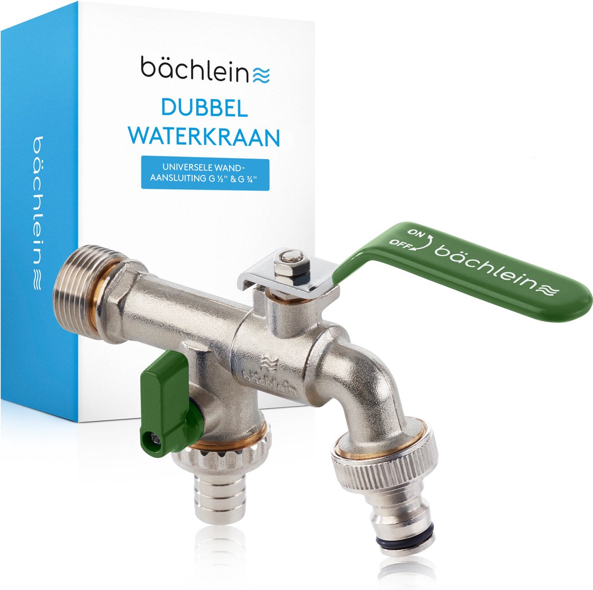 Bächlein universele dubbele buitenkraan voor de tuin groen incl. 2 slangaansluitingen - edele dubbele waterkraan met 1/2 en 3/4 inch aansluiting, dubbele kogelafvoerkraan