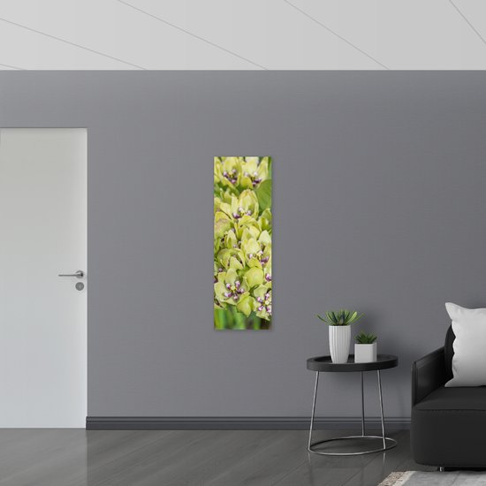 Poster Glanzend – Kleine Paarse Bloemen Liggend in Licht Groene Bloem Gevormde Bladeren - 40x120 cm Foto op Posterpapier met Glanzende Afwerking