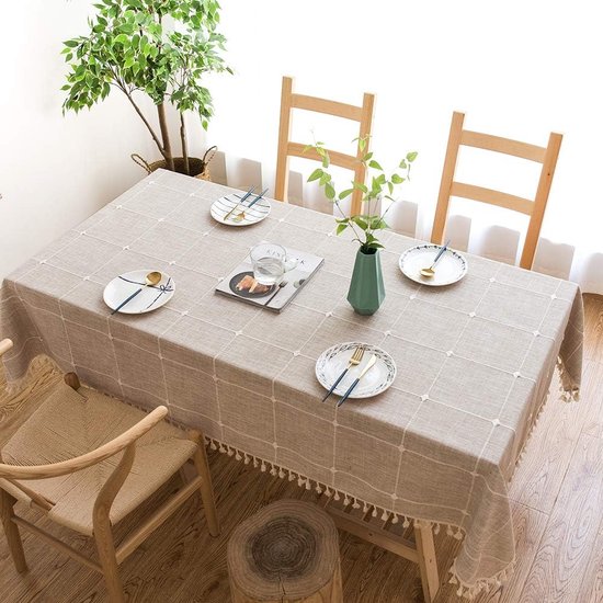 INKAROBOX Vlekafstotend tafelkleed, rechthoekige tafelkleden, tafelkleed van katoenlinnen met kwastrand, wasbare poederafdekking, voor keuken eettafel (lichtbruin, 140 x 220 cm
