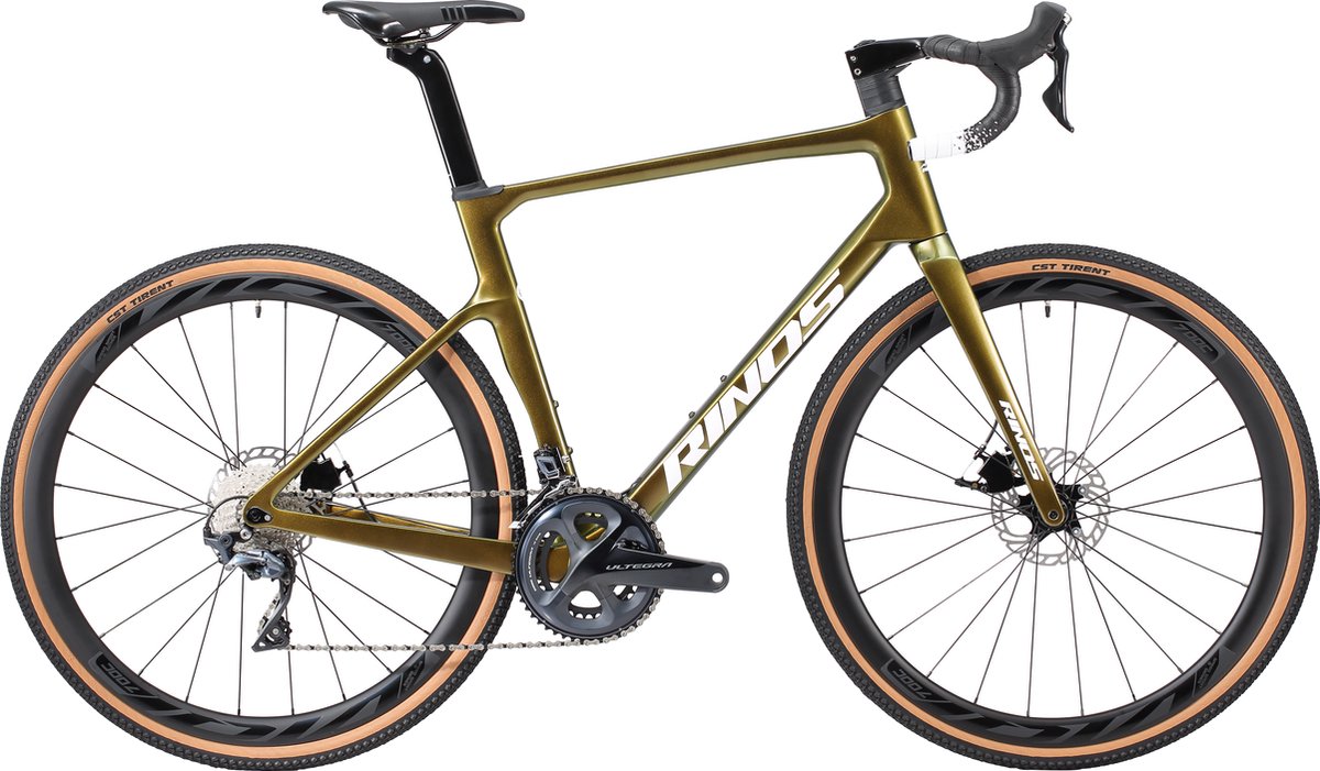 Rinos Sandman 5.0 Carbon- GravelFiets - Gravel bike - met SHIMANO Ultegra R8000 - 22 versnellingen en schijfremmen - lichte fiets voor dames en heren - Wielen van koolstofvezel - 700 x 40C - Kameleon Goud-Groen 56 cm