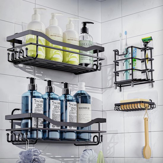 Lot de 4 caddies de Douche de salle de bain, Geen Embouts , organisateur de rangement de salle de bain auto-adhésif, support de douche en acier inoxydable 304 pour organisateur de salle de bain/organiseur de Douche / Cuisine (Zwart)