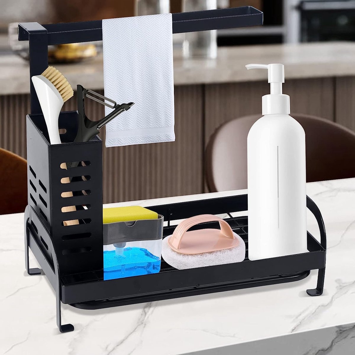 Spoelbakorganizer, keukenorganizer, gootsteen met afvoerpan, spoelbak, caddy organizer, roestvrij staal, voor keuken en badkamer, afdruipbak voor spons, borstels, zeepdispenser