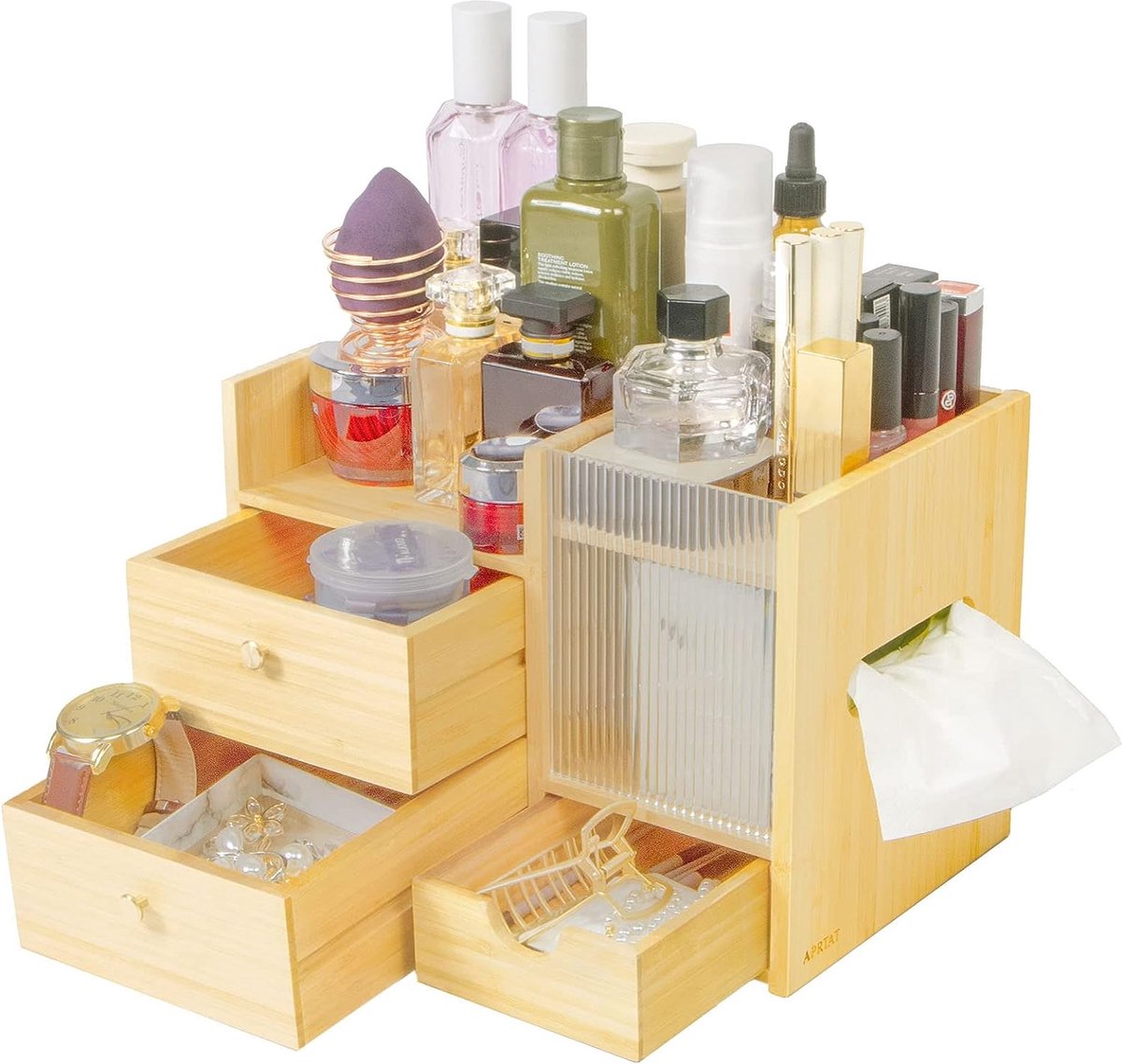 Goedkoopste Bamboe cosmetica-organizer, multifunctioneel, 4 laden, juwelenkistje, opbergbox kantoor, natuur
