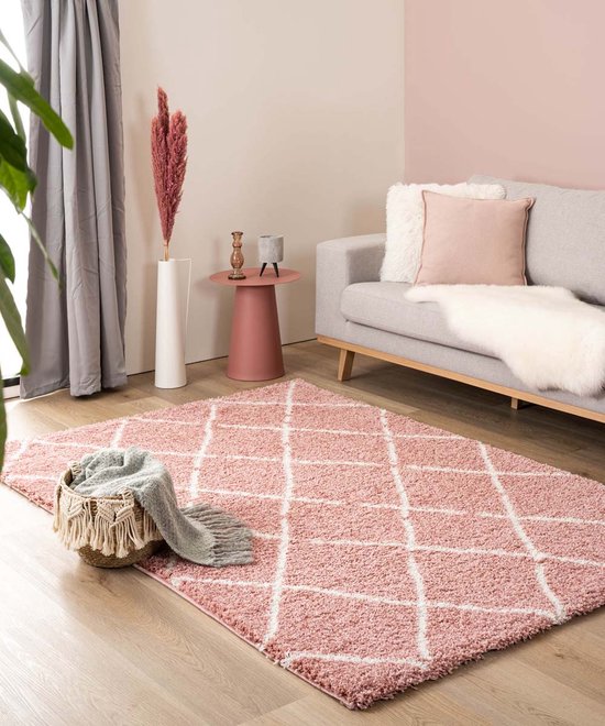 Hoogpolig vloerkleed ruiten Artisan - roze/wit 60x110 cm