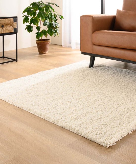 Vierkant hoogpolig vloerkleed shaggy Trend effen - ivoor 240x240 cm