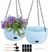 Hangende plantenpot, set van 2, 20 cm, zelfbewatering, bloemenhangers met kettingen, hangende plantenpot, hangende hangende plantenpot, bloemenhangers om op te hangen, voor binnen en buiten, balkon, plantenbak, decoratie (blauw)