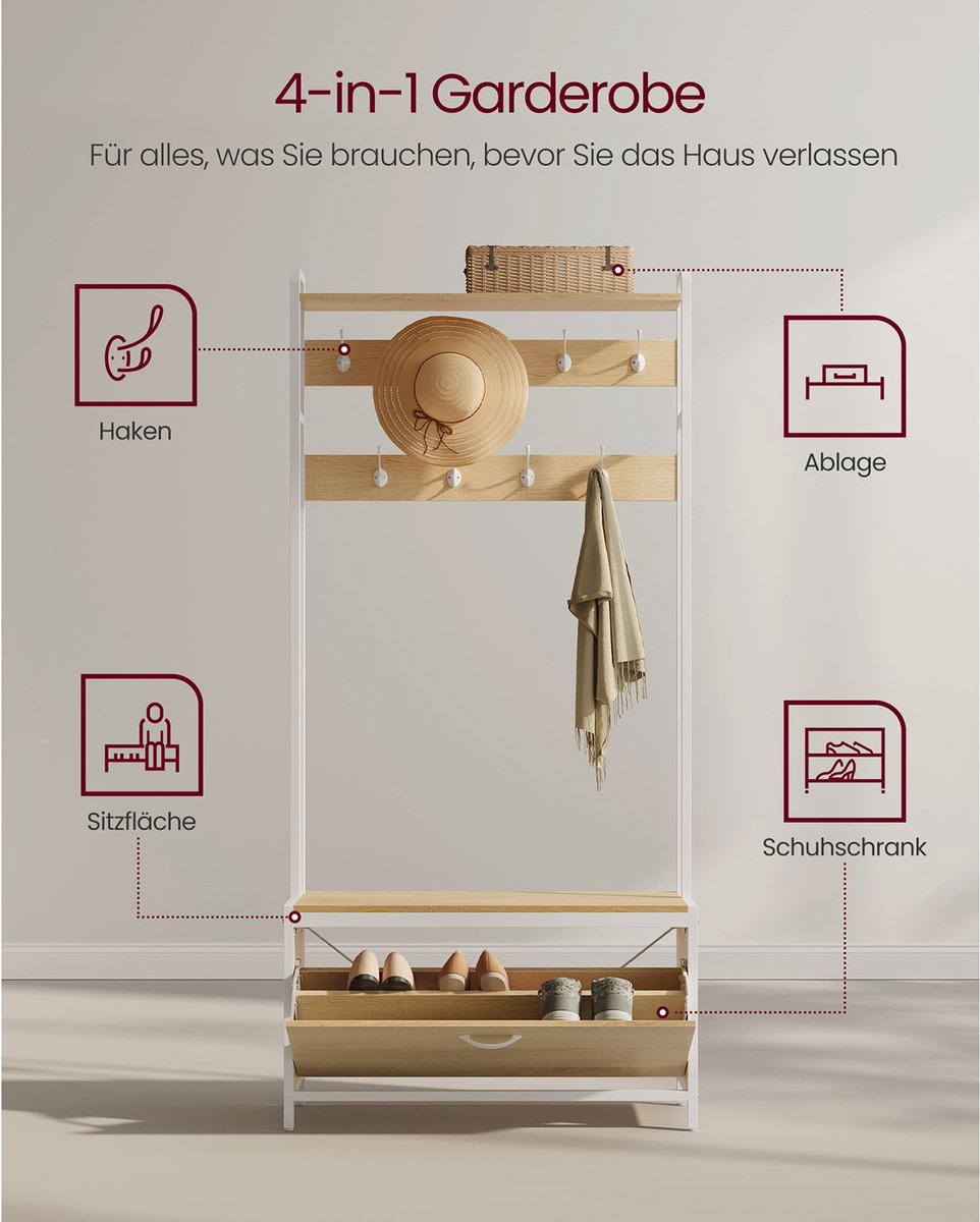 Porto kapstok met schoenenkast - kapstok met bank - kledingrek - schoenenrek - 9 haken - eikenwit - 30 x 85 x 180 cm – foto 6