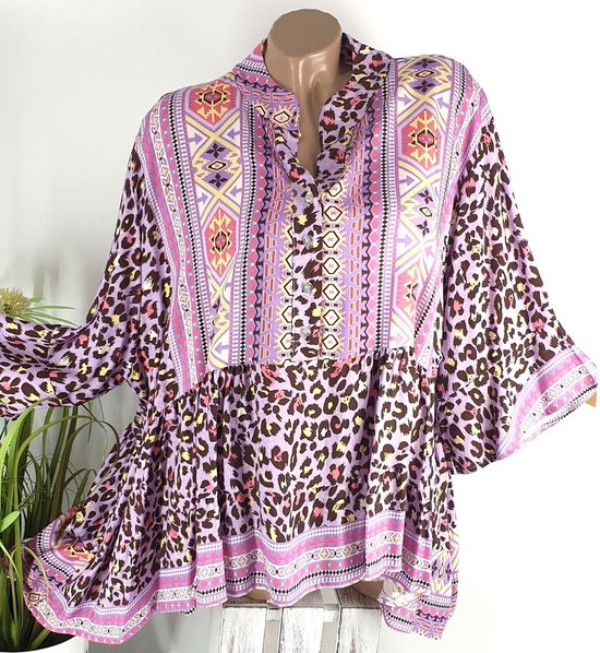 Ibiza shirt grote maat 54 56 58 Boho tuniek kleur lila paars dierprint