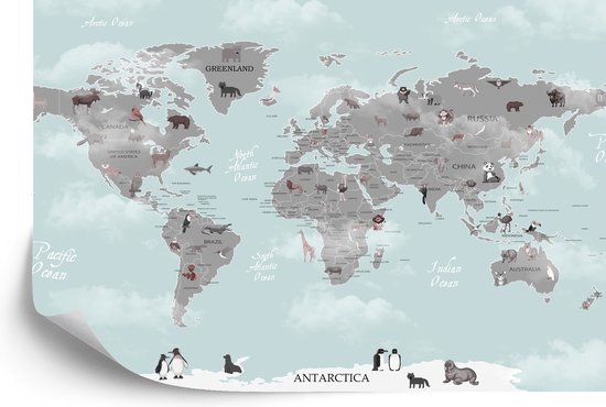 Foto: Fotobehang animals world map for kids wallpaper design