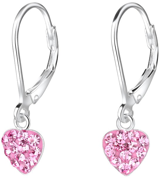 Joy|S - Zilveren hartje oorbellen - roze kristal - leverback sluiting