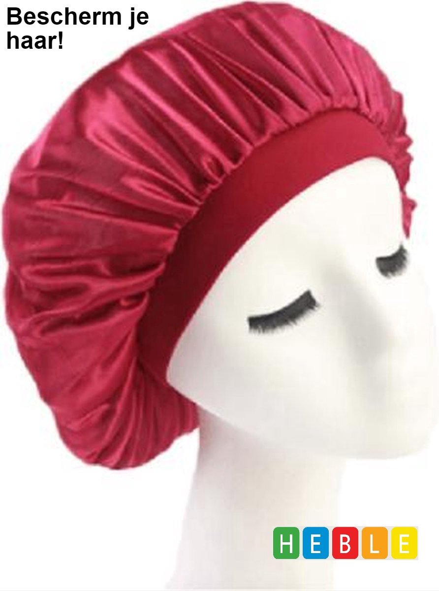 *** Satijnen Nachtrust Cap - Breedgerande Unisex Slaapmuts - Wijnrood" - van Heble® ***