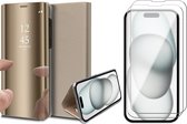 Hoesje geschikt voor iPhone 15 - 2x Screen Protector GlassGuard - Book Case Spiegel Goud & Screenprotector