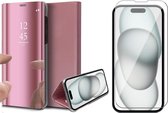Hoesje geschikt voor iPhone 15 - Screen Protector GlassGuard - Book Case Spiegel Roségoud & Screenprotector