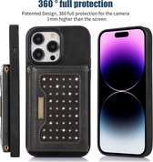 Apple iPhone 15 Pro Glitter Telefoonhoesje | Lederen Telefoonhoesje | Back Cover | Pasjeshouder | Zwart