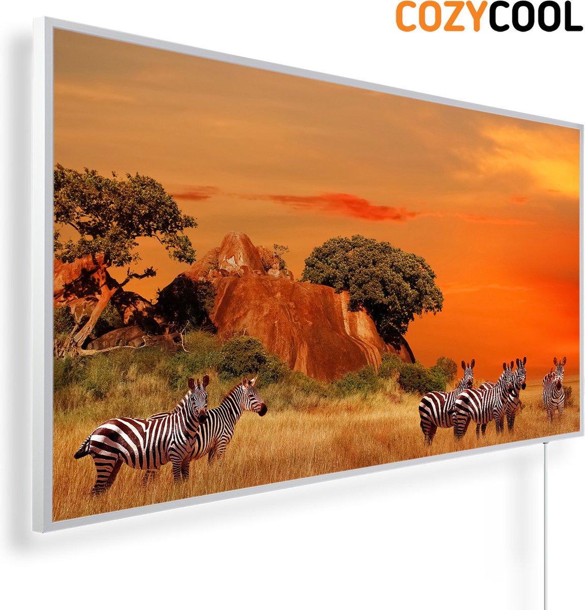 Infraroodpaneel met afbeelding | Zebra's in de Afrikaanse savanne bij zonsondergang | 1200 Watt | Witte lijst | Infrarood verwarmingspaneel | Infrarood paneel | Infrarood verwarming