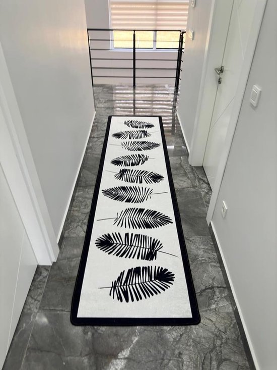 Woonkamertapijt, laagpolig modern geometrisch antislip vloerkleed, gangtapijt, gelloper, zwart wit (Hoja, 80 x 300 cm)