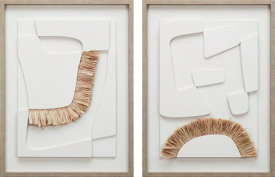 Ter Halle - Schilderij - 3D Art - Witte Abstracte Figuren Met Stro - Tweeluik - 45x60cm