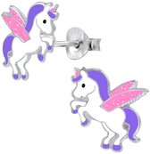 Joy|S - Zilveren eenhoorn oorbellen - met roze glitter vleugeltjes - 10 x 13 mm - unicorn oorknoppen