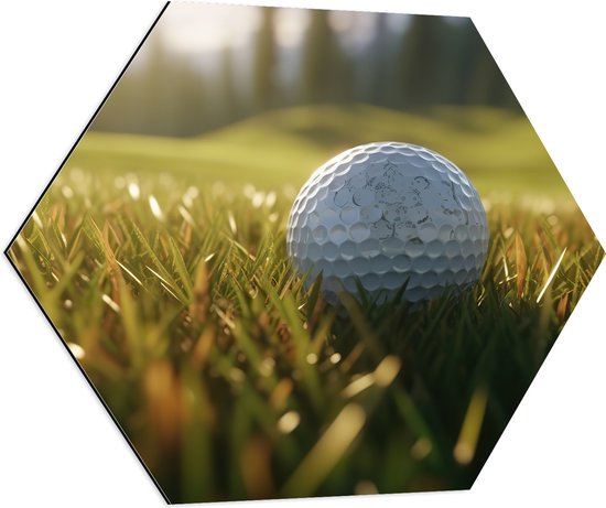 Dibond Hexagon - Gras - Golf - Golfbal - 80x69.6 cm Foto op Hexagon (Met Ophangsysteem)