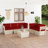 The Living Store Pallet Lounge Set - 6-delig - Geïmpregneerd vurenhout - Wijnrode kussens - 60x60x65cm - Montage vereist
