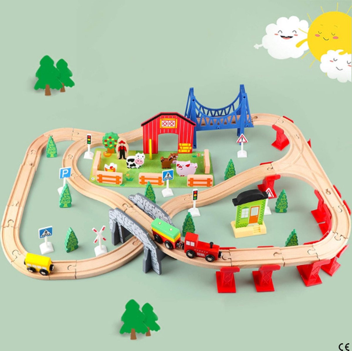 4yourkids - Ensemble de train Houten Speelgoed - Multicolore - 80 pièces  avec train