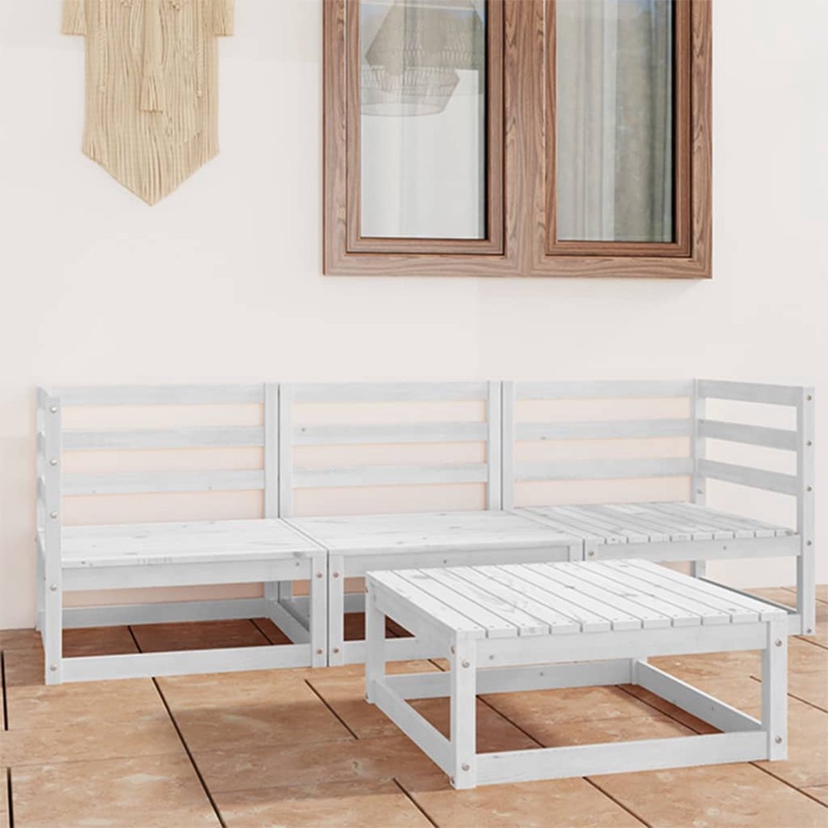 Loungeset van massief wit grenenhout - Tuinstoel, bank en tafel - Buitenmeubilair