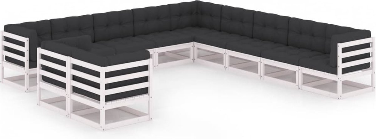 The Living Store 11-delige Loungeset met kussens massief grenenhout wit - Tuinstoel - Lounge Set - Houten Tuinmeubels - Buitendecor - Tuinset