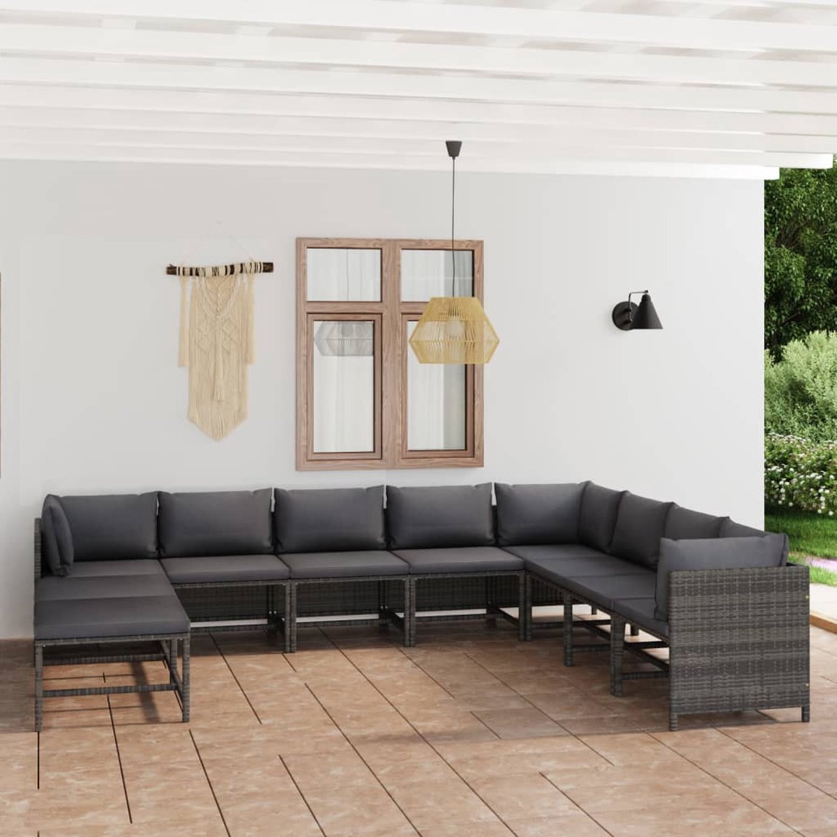 The Living Store 11-delige Loungeset met kussens poly rattan grijs - Loungebank - Tuinset - Loungeset - Outdoor Meubilair - Garden Furniture
