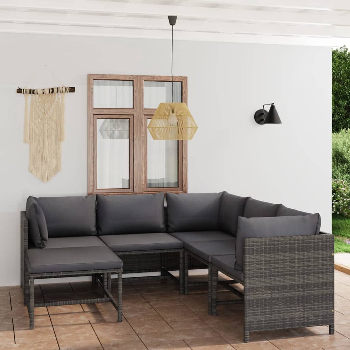 The Living Store 6-delige Loungeset met kussens poly rattan grijs - Lounge Set - Tuinset - Loungestoel - Outdoor Meubels - Tuinmeubilair